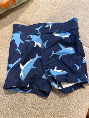 Hanna Andersson Navy Blue Swim Trunks with Light Blue Shark Print